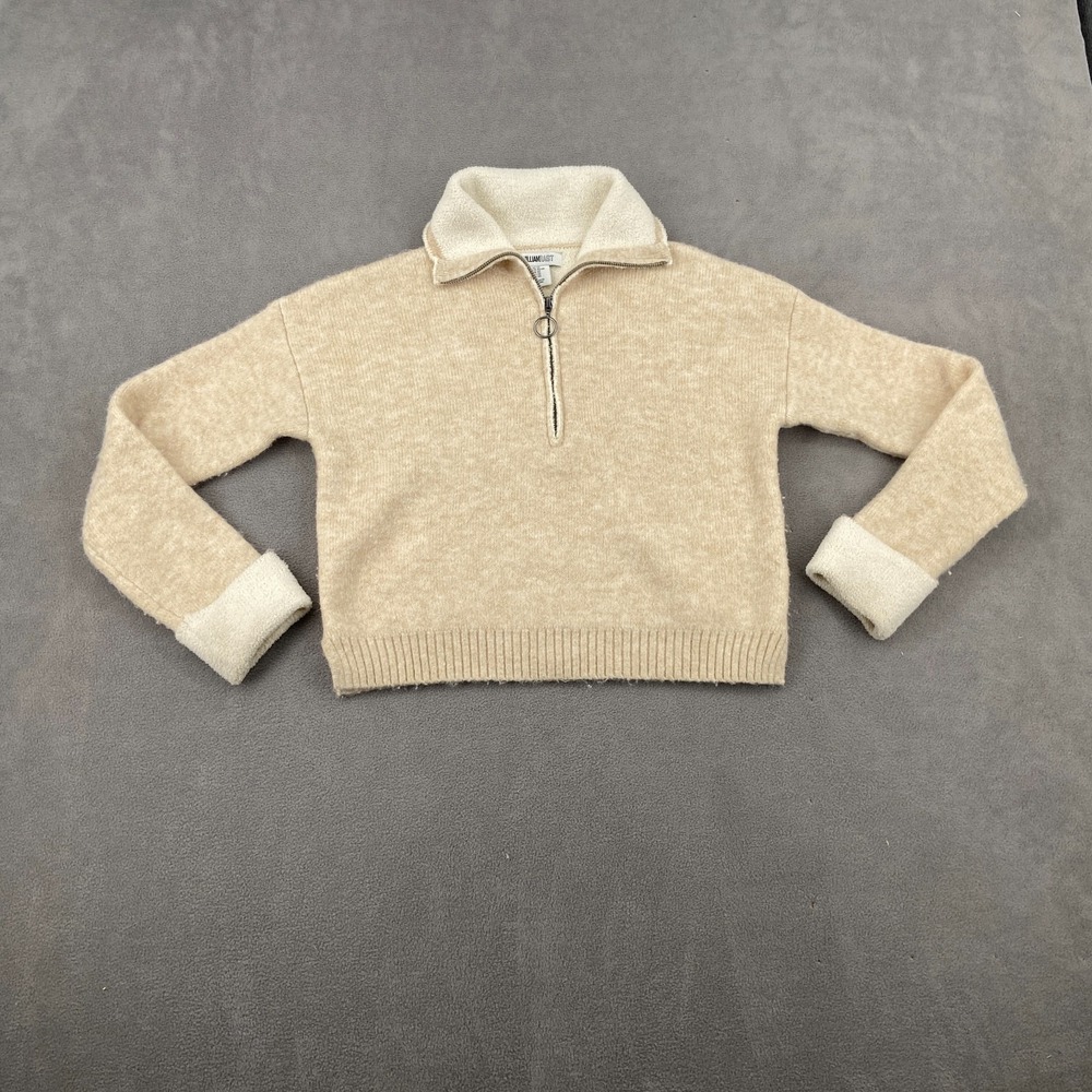 William Rast Cropped Sweater Women XS Beige Stretch Fuzzy Tight Knit Quarter Zip